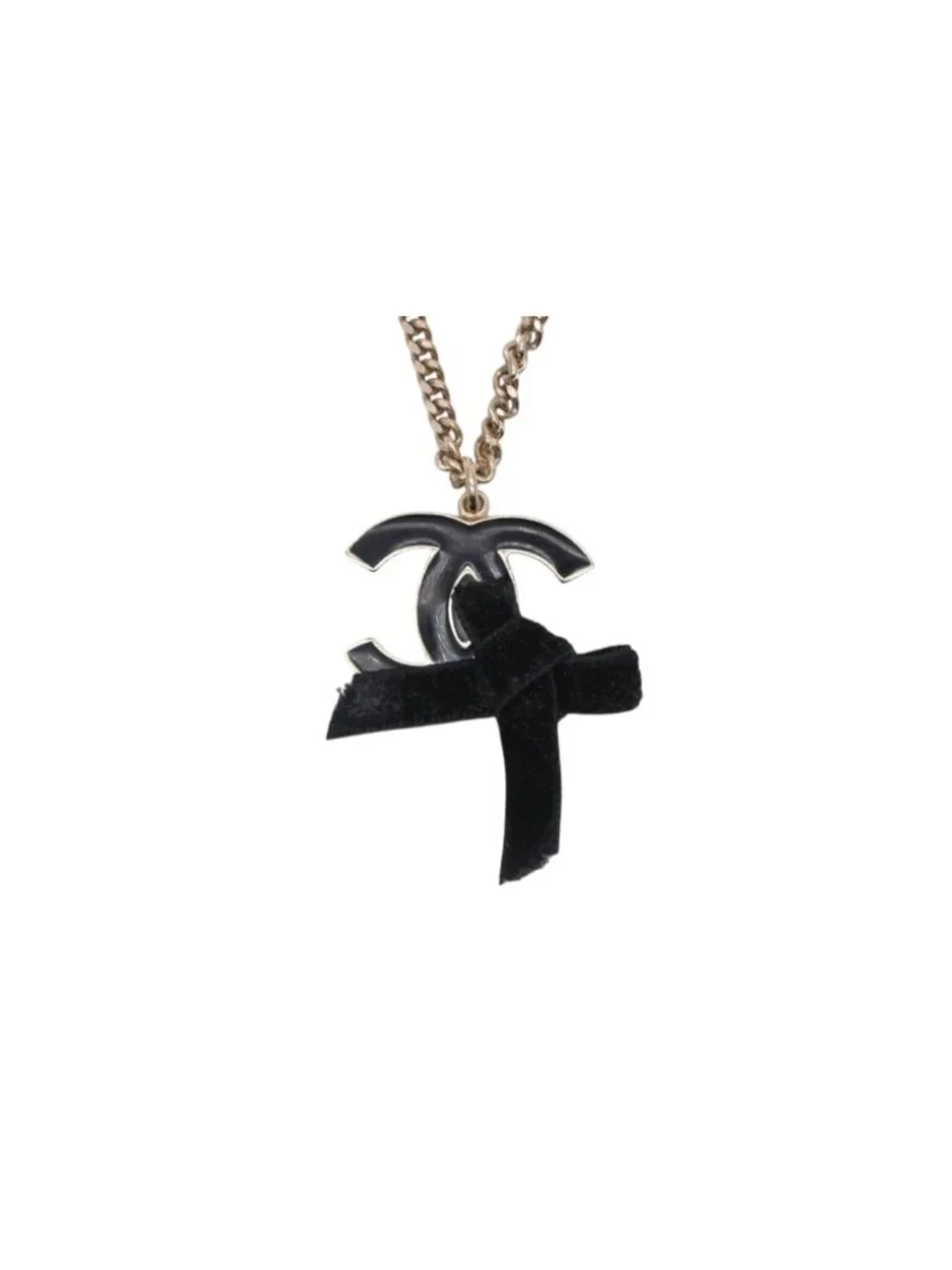Chanel CC Logo Ribbon Necklace Metal Black Gold